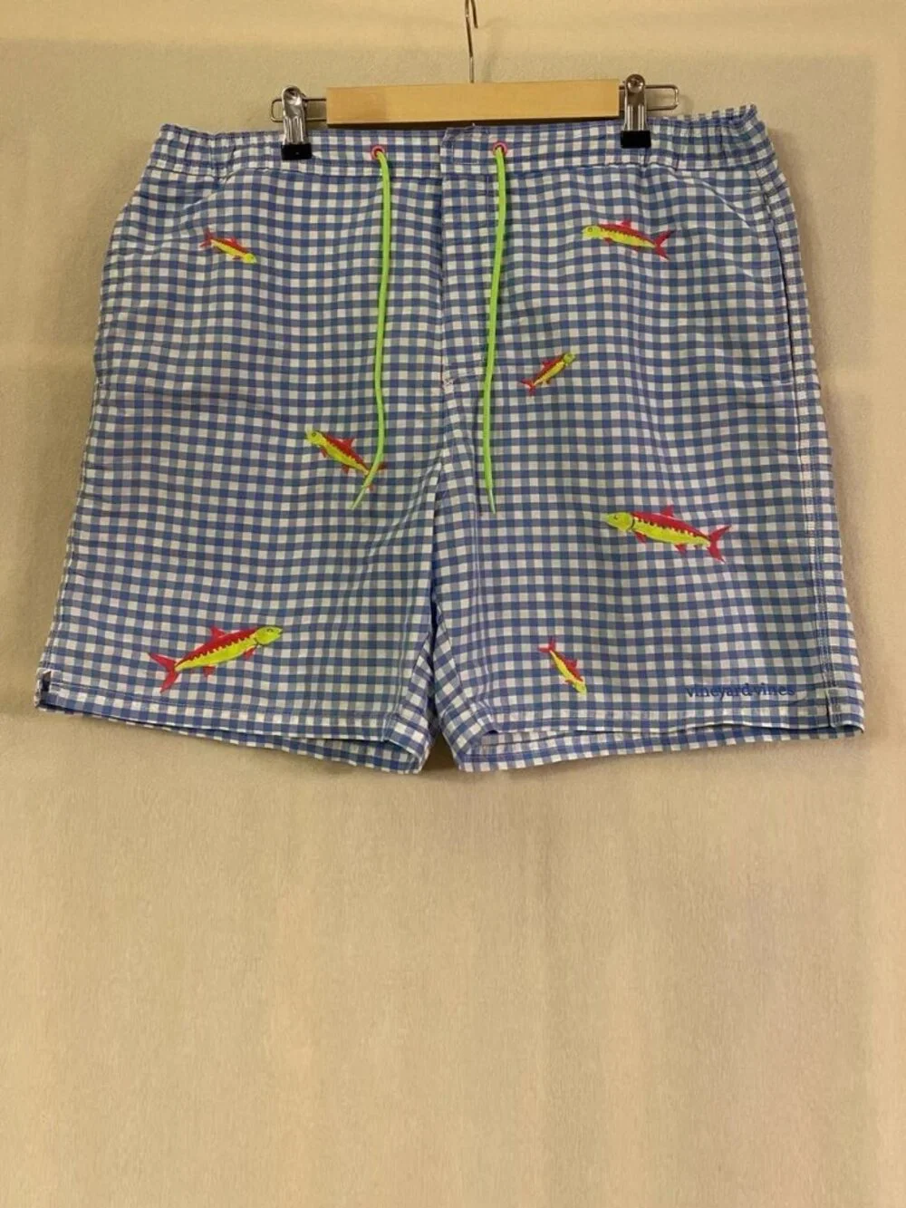 Vineyard Vines blue white gingham check bonefish embroidered Cabana swim trunks
